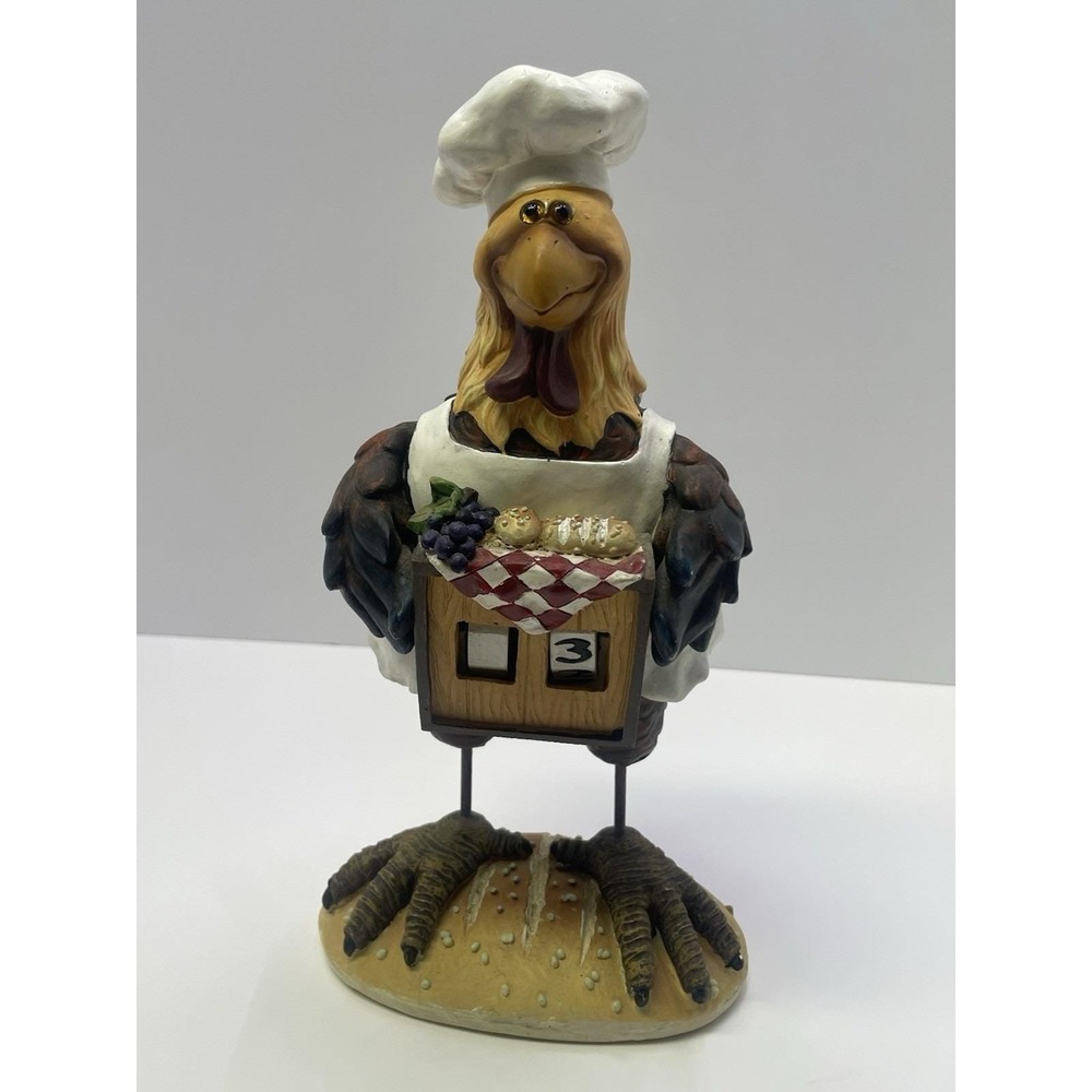 Vintage Chef Chicken Rooster on Bread Resin Figurine Holding Calendar 11 1/2"